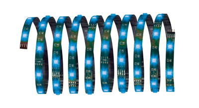 Bande LED flexible bleue avec lumières blanches, idéale pour éclairage décoratif et accents.