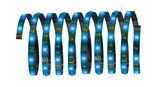 Bande LED flexible bleue avec lumières blanches, idéale pour éclairage décoratif et accents.