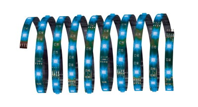 Bande LED flexible bleue avec lumières blanches, idéale pour éclairage décoratif et accents.