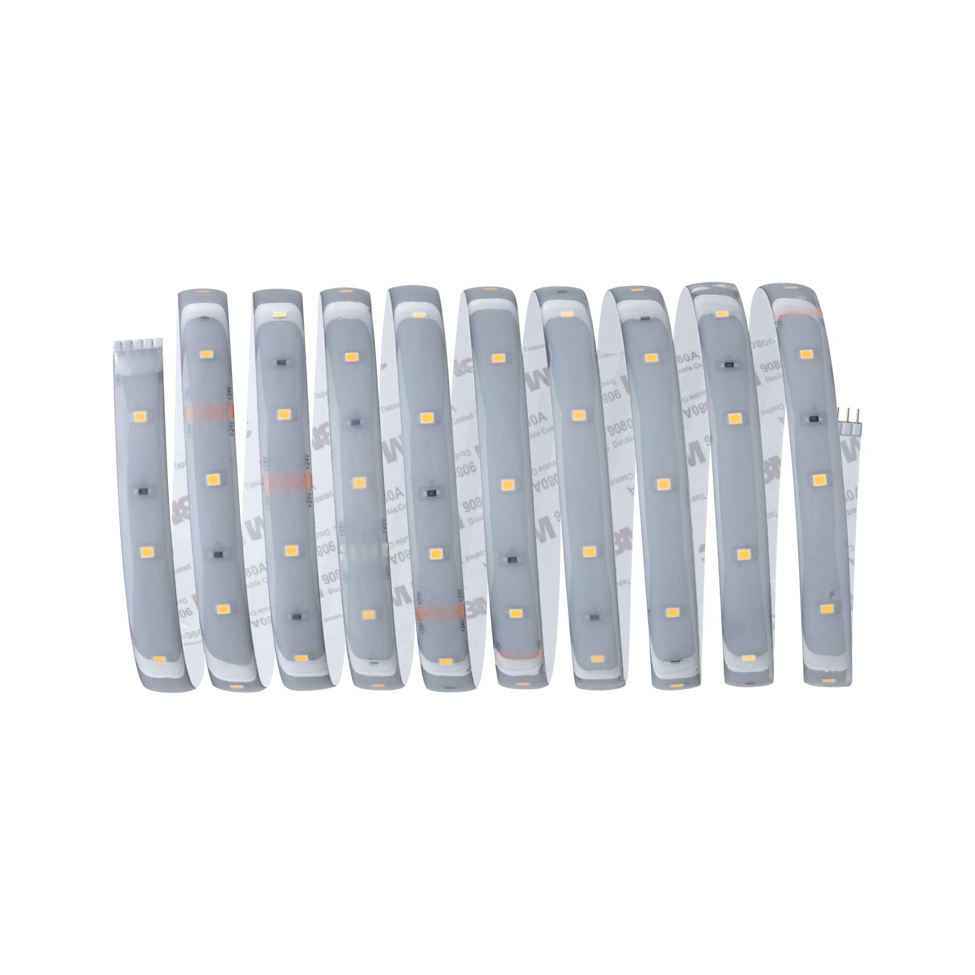 Flexible LED strip with white LEDs and adhesive backing for versatile lighting solutions.