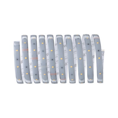 Flexible LED strip with white LEDs and adhesive backing for versatile lighting solutions.