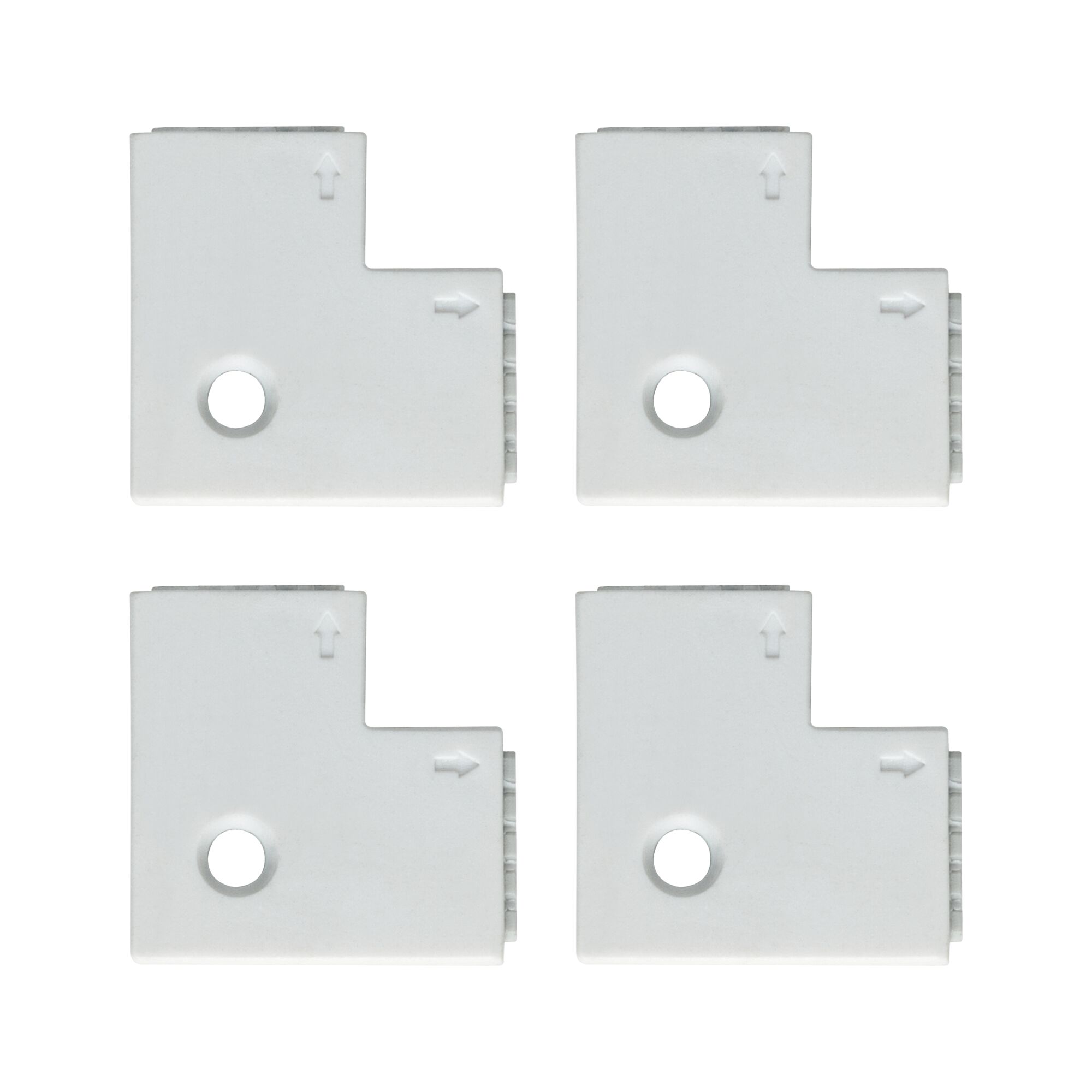 Four white plastic corner connectors with arrows and hole for LED track lighting system.