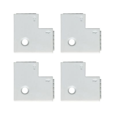 Quatre connecteurs d'angle en plastique blanc avec flèches et trou pour éclairage LED sur rail.