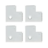 Quatre connecteurs d'angle en plastique blanc avec flèches et trou pour éclairage LED sur rail.