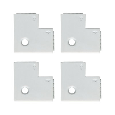 Four white plastic corner connectors with arrows and hole for LED track lighting system.