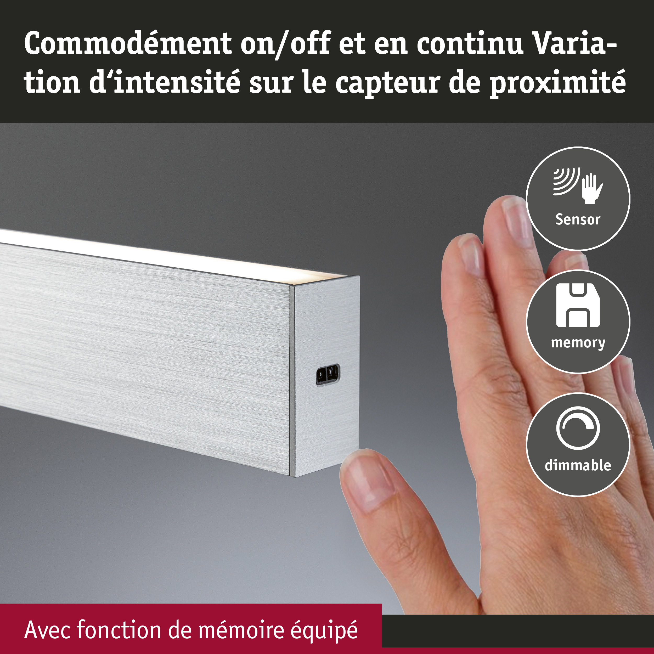Applique murale en aluminium argenté avec capteur, fonction mémoire et éclairage LED dimmable