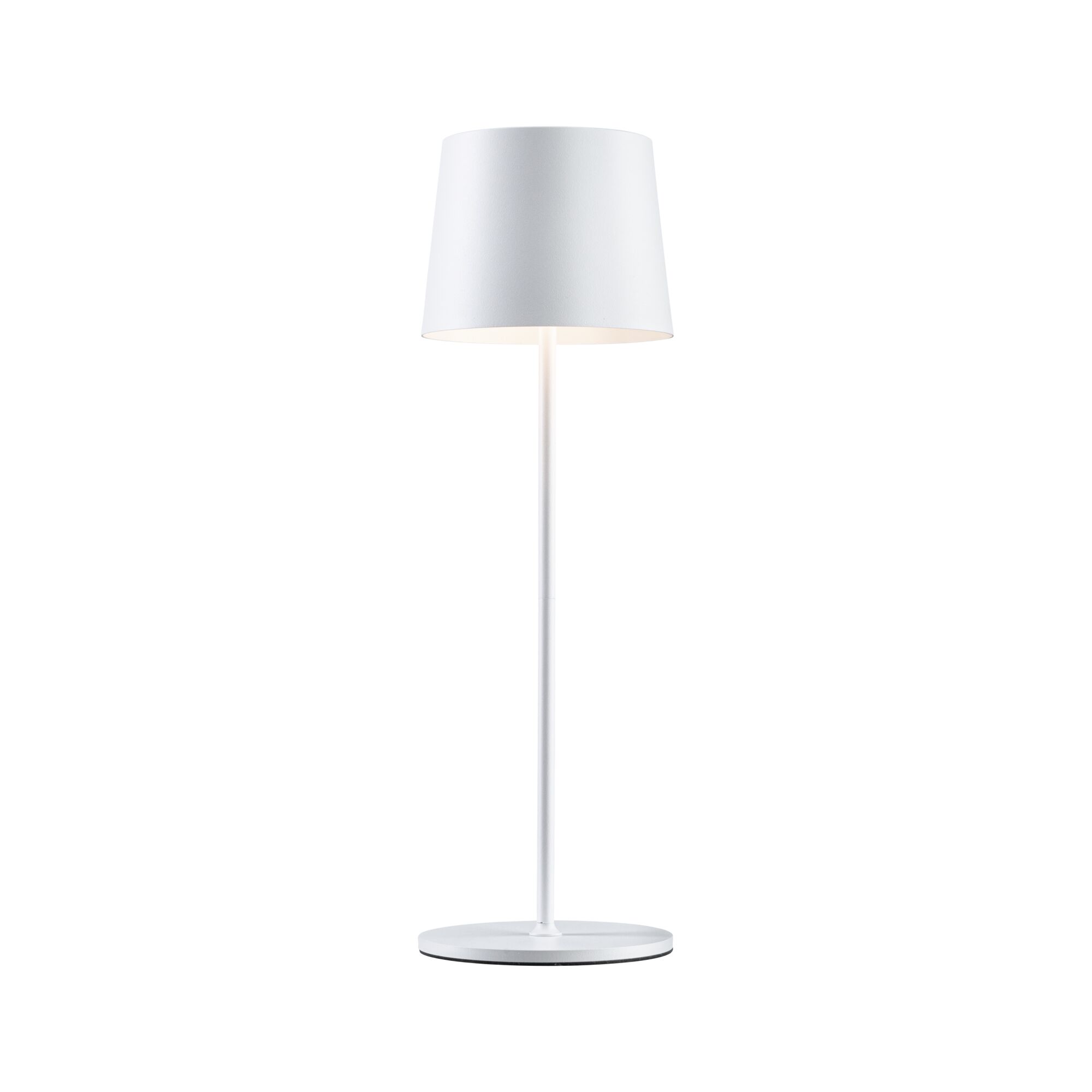 White metal floor lamp with round base and simple lampshade for modern interior lighting