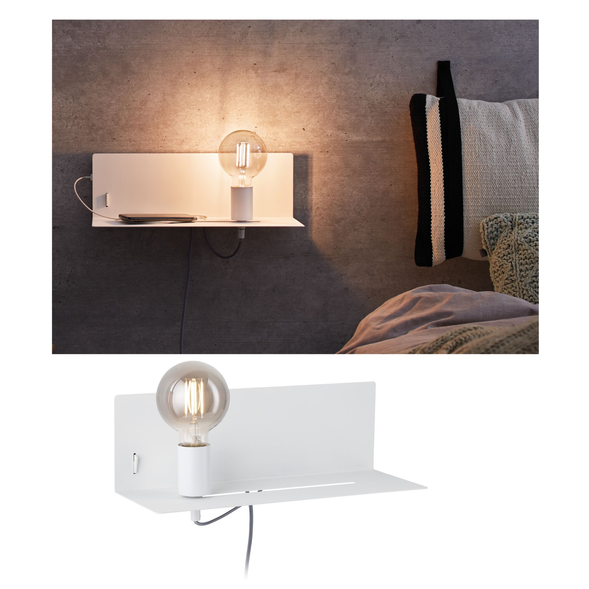 Witte metalen wandlamp met plank en zichtbare lamp, moderne slaapkamerverlichting met minimalistisch design.