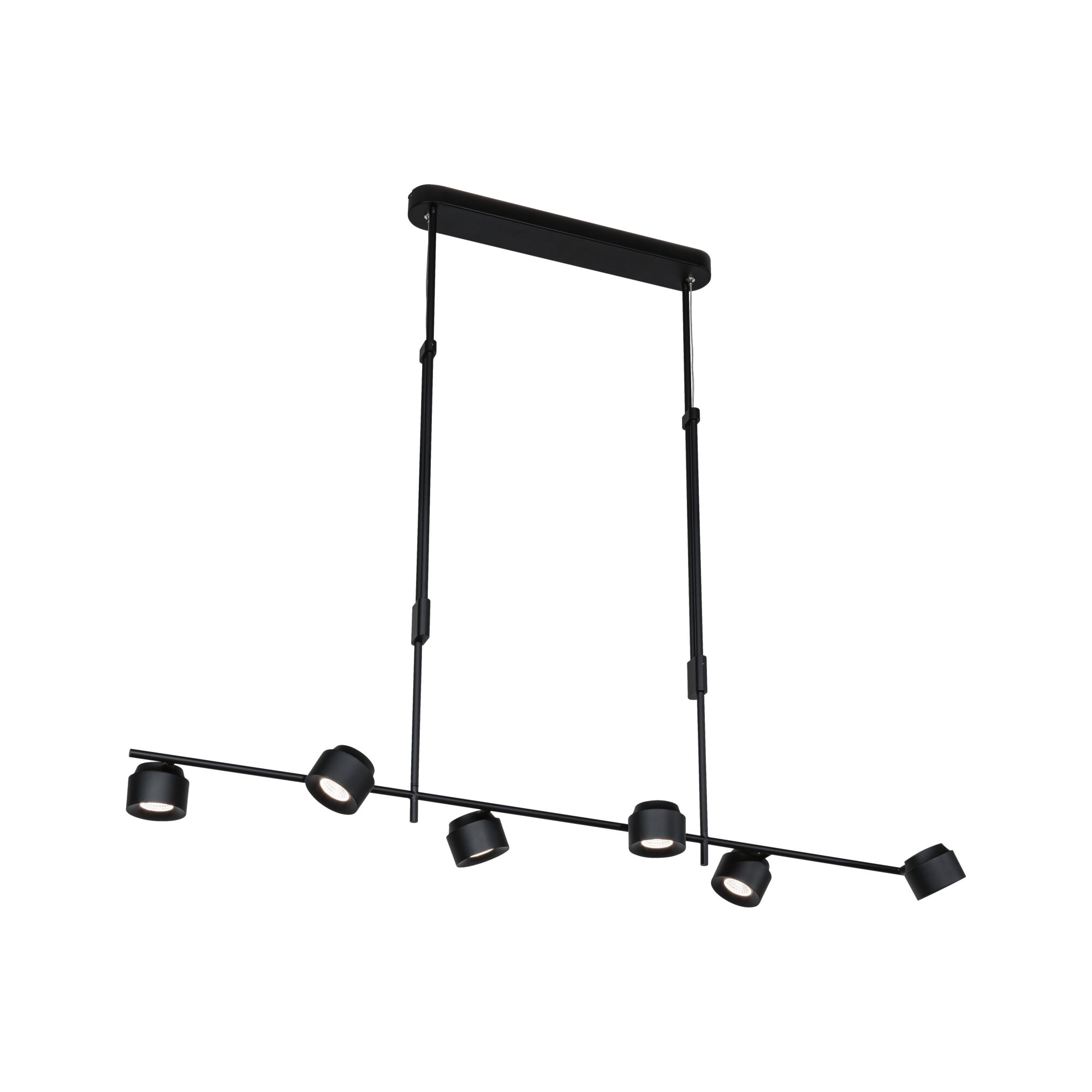 Zwarte metalen LED-hanglamp met zes verstelbare spots voor moderne binnenverlichting