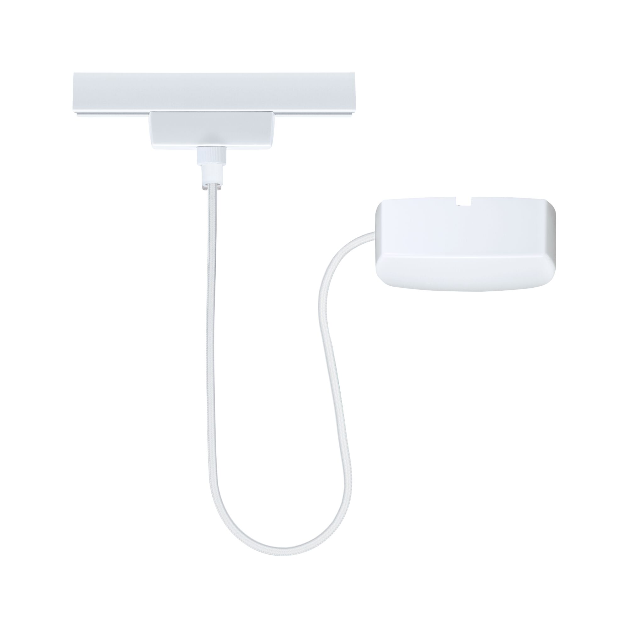 White cable with rectangular ceiling connector and small junction box for LED lighting systems