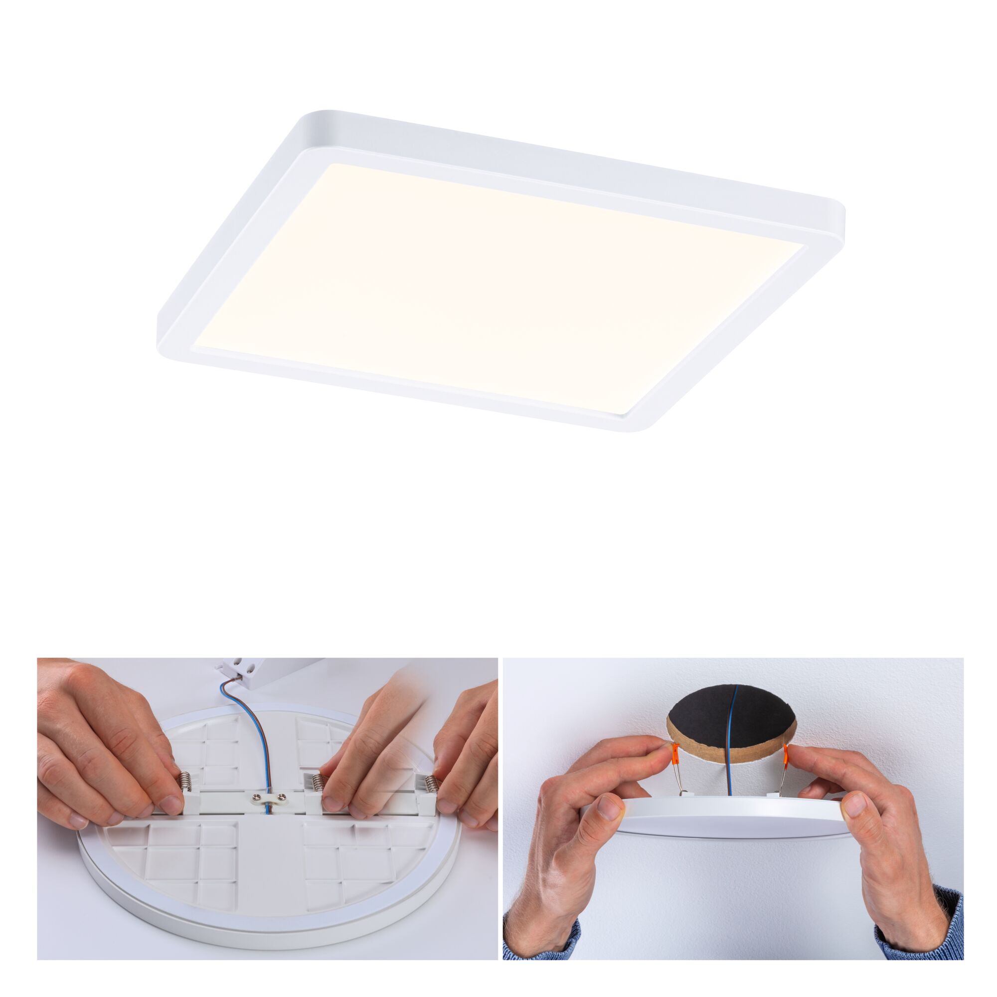 White square LED ceiling panel with mounting clips and ceiling installation, LED ceiling light.
