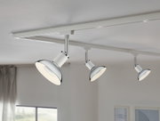 Three white LED ceiling spotlights with chrome accents on white track for modern room lighting