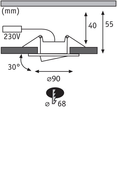 Technische Zeichnung eines Einbaustrahler mit 90 mm Durchmesser und 30 Grad Neigung, 230V Anschluss