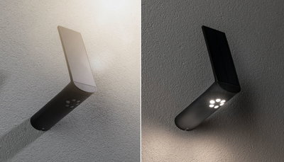 Schwarze LED-Wandleuchte mit Solarpanel, moderne Außenbeleuchtung mit Bewegungsmelder.