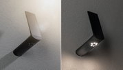 Schwarze Solar-Wandleuchte mit LED-Licht und modernem Design, ideal für Außenbeleuchtung und Garten.
