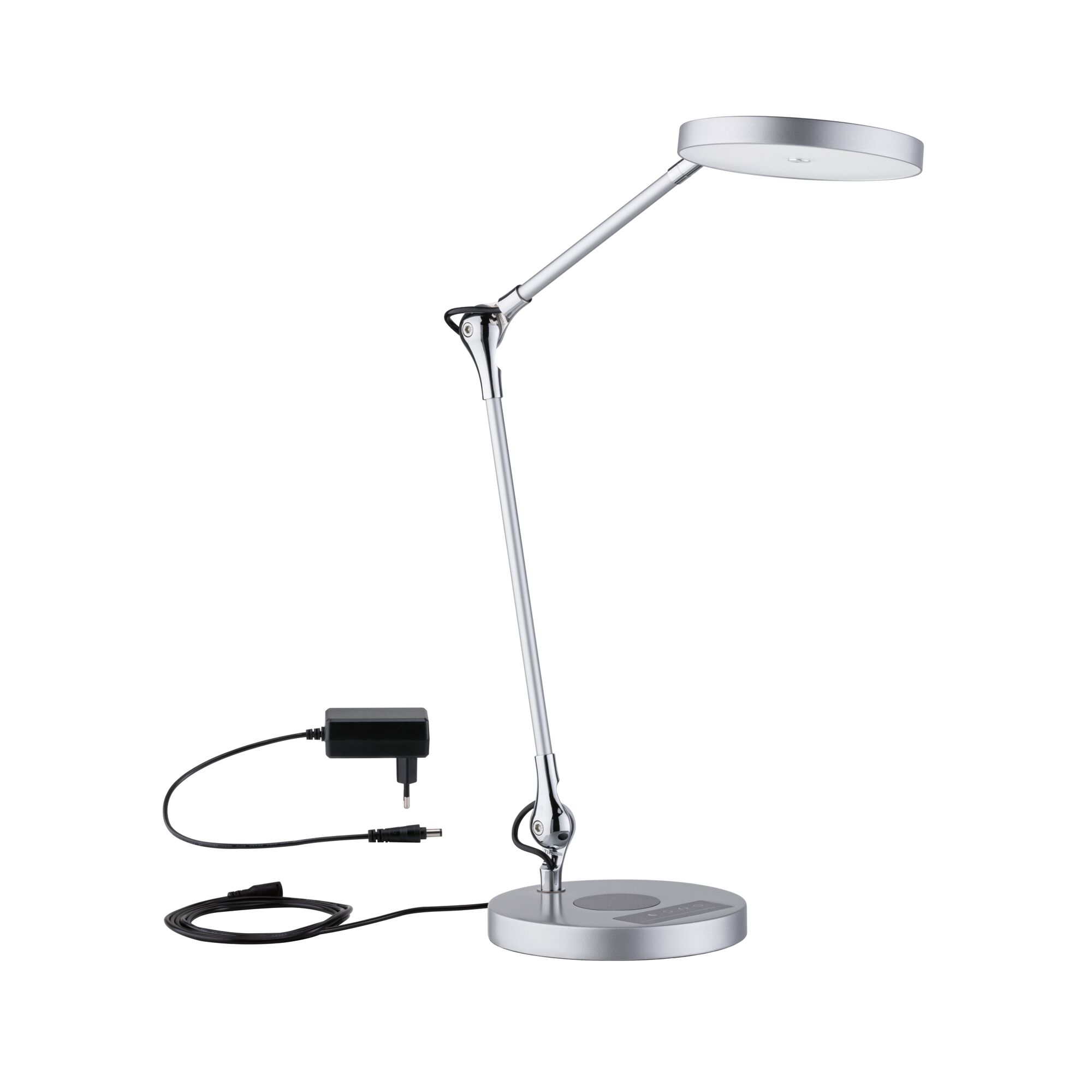 Modern silver metal LED desk lamp with adjustable arm and power adapter for office lighting
