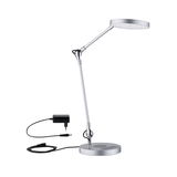 Lampe de bureau LED moderne en métal argenté avec bras réglable et adaptateur secteur pour éclairage de bureau
