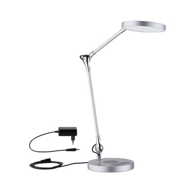Lampe de bureau LED moderne en métal argenté avec bras réglable et adaptateur secteur pour éclairage de bureau