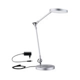 Moderne zilveren metalen LED-bureaulamp met verstelbare arm en adapter voor kantoorverlichting