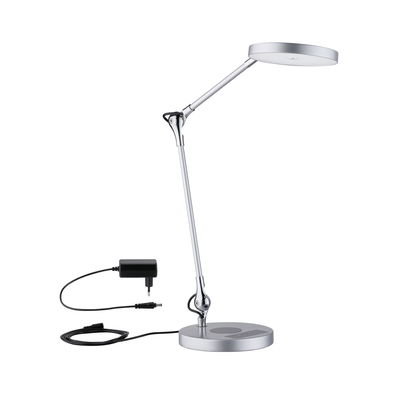 Moderne silberne LED-Tischlampe aus Metall mit verstellbarem Arm und Netzteil für Bürobeleuchtung