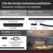 Système d'éclairage LED modulaire noir avec boîtier d'alimentation, angles à 90° et courbes pour éclairage personnalisé