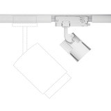 Weißer Kratos ProRail LED-Strahler mit Größenvergleich und Schienenbefestigung für flexible Beleuchtung