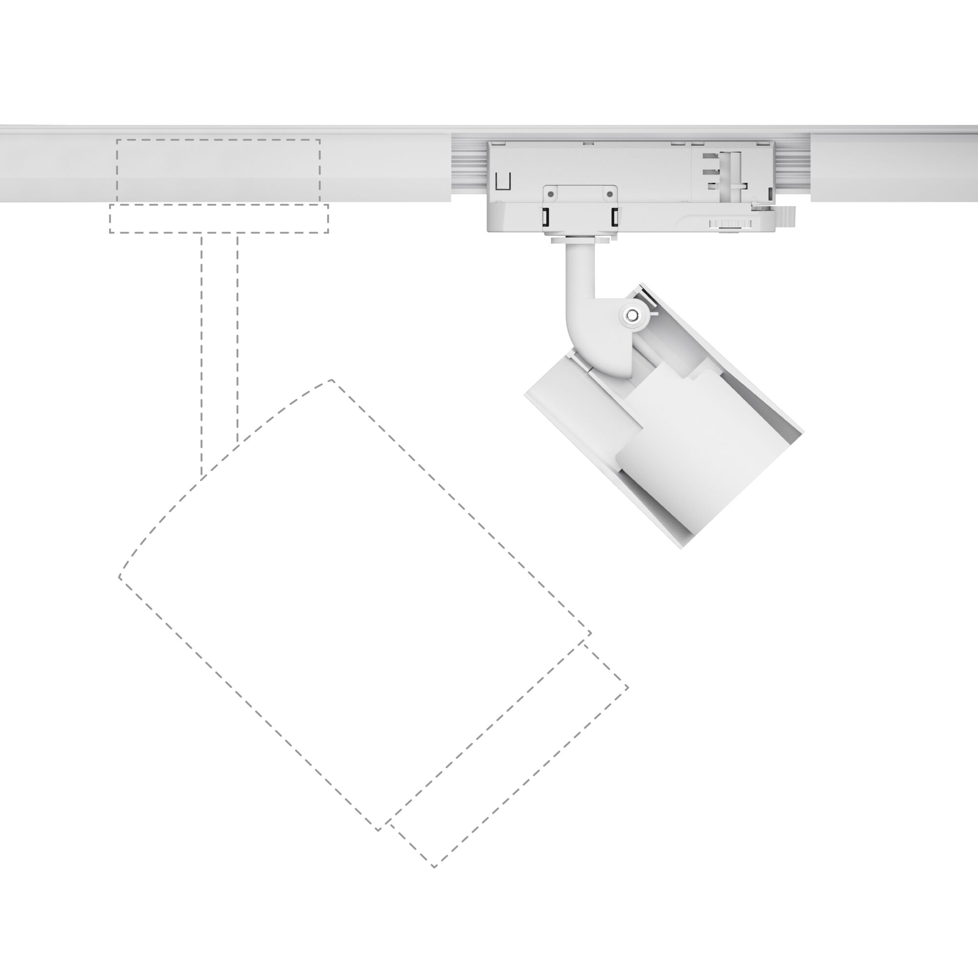 White Kratos ProRail LED spotlight with size comparison and rail mount for adjustable lighting solutions
