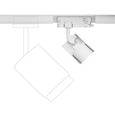 White Kratos ProRail LED spotlight with size comparison and rail mount for adjustable lighting solutions