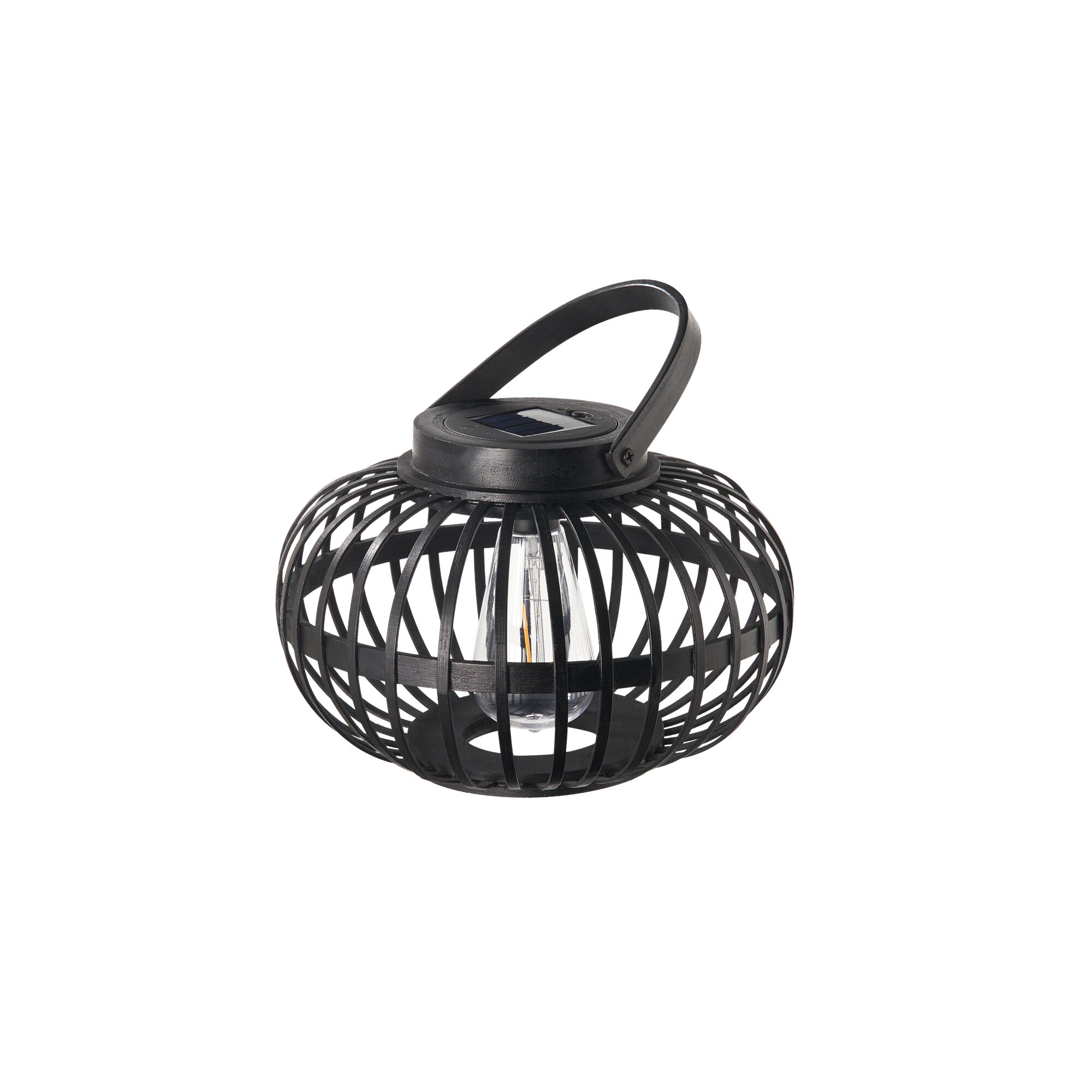 Black metal solar lantern with round cage design and handle for outdoor lighting.