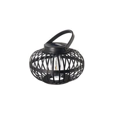 Black metal solar lantern with round cage design and handle for outdoor lighting.