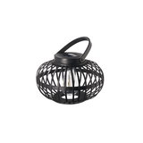 Black metal solar lantern with round cage design and handle for outdoor lighting.