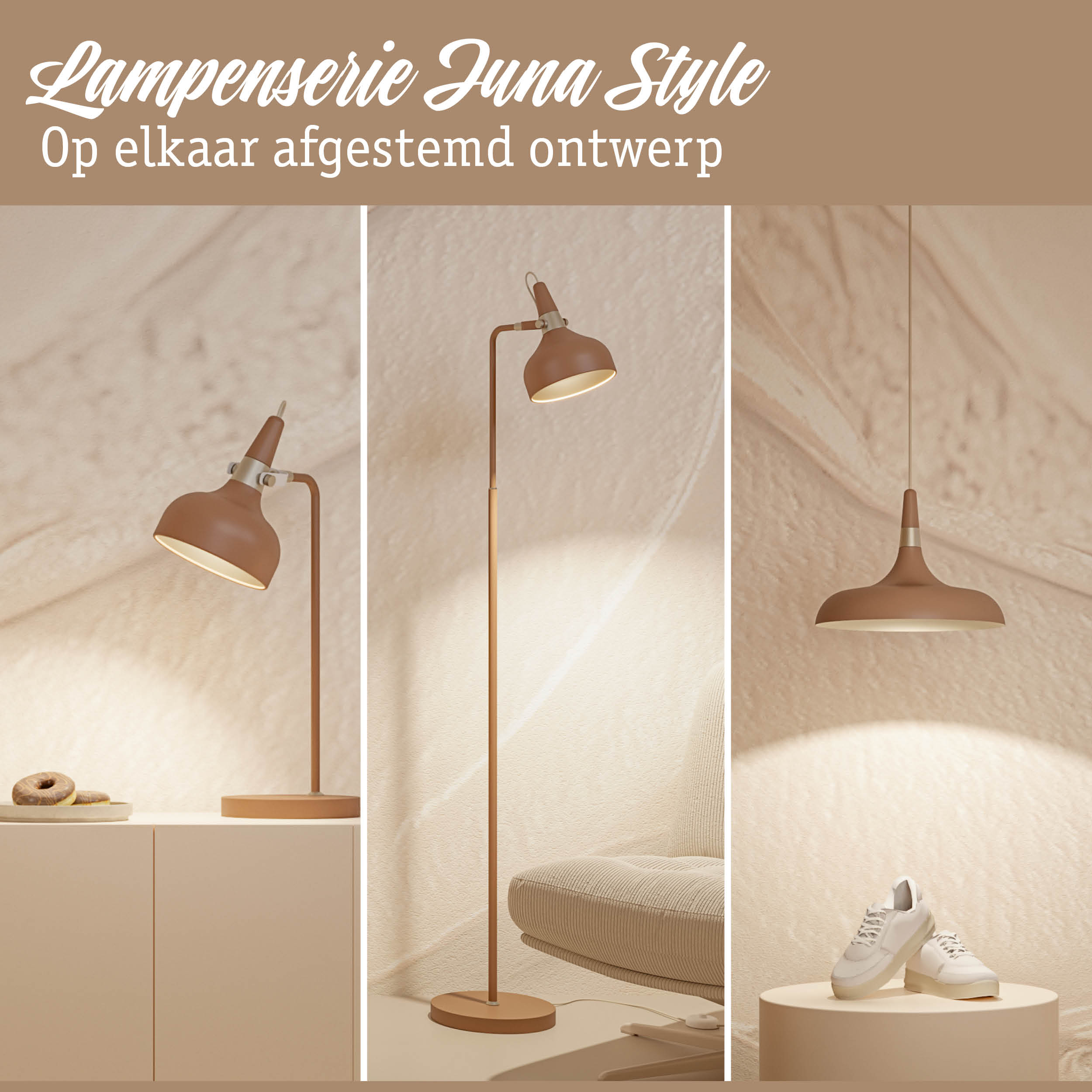 Bruine metalen vloerlamp en hanglamp in modern design voor sfeervolle woonverlichting