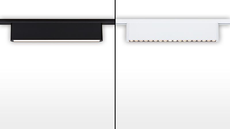 Deux barres lumineuses URail en métal noir et blanc avec éclairage LED pour rails