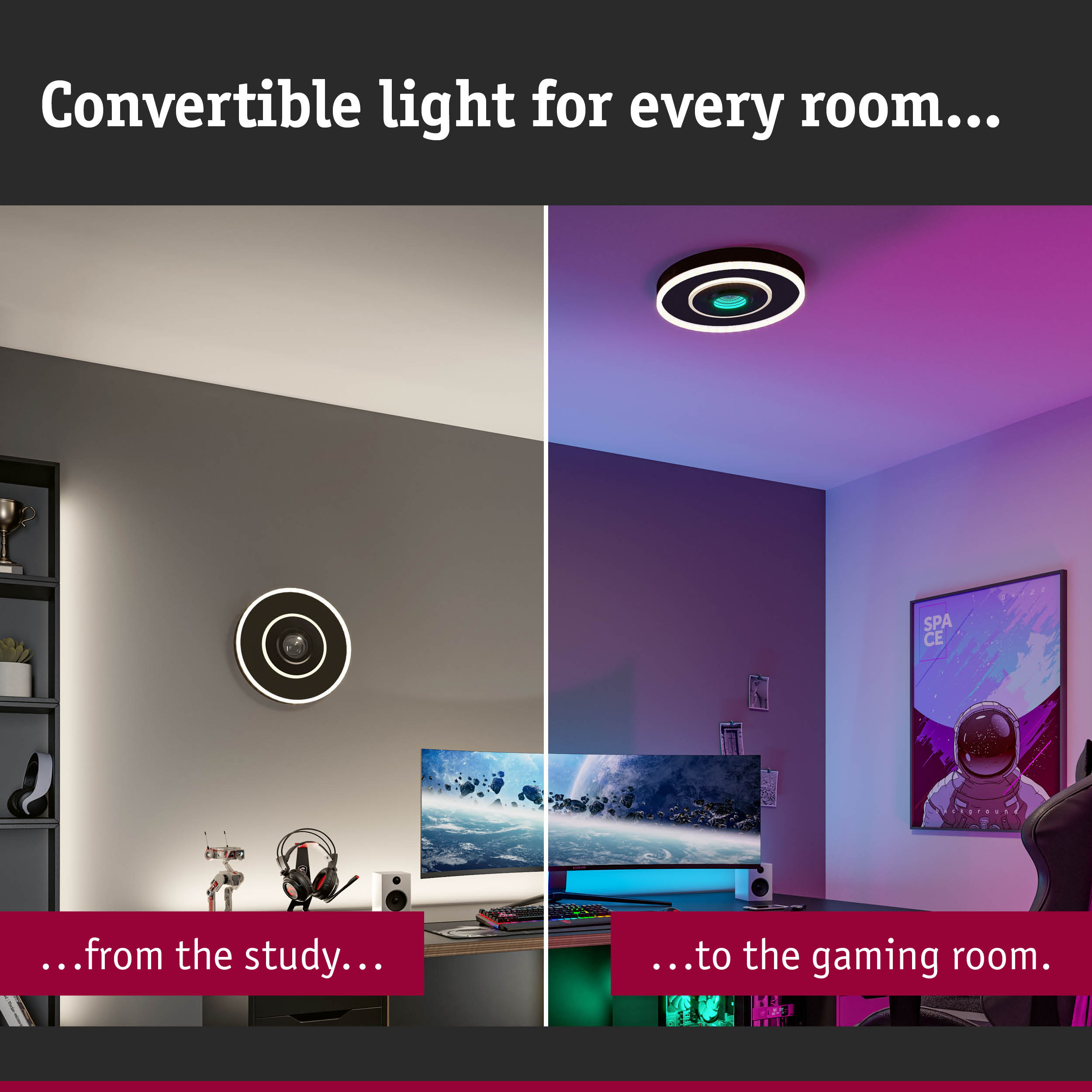 Black LED ceiling light with white ring, convertible for study and gaming room lighting