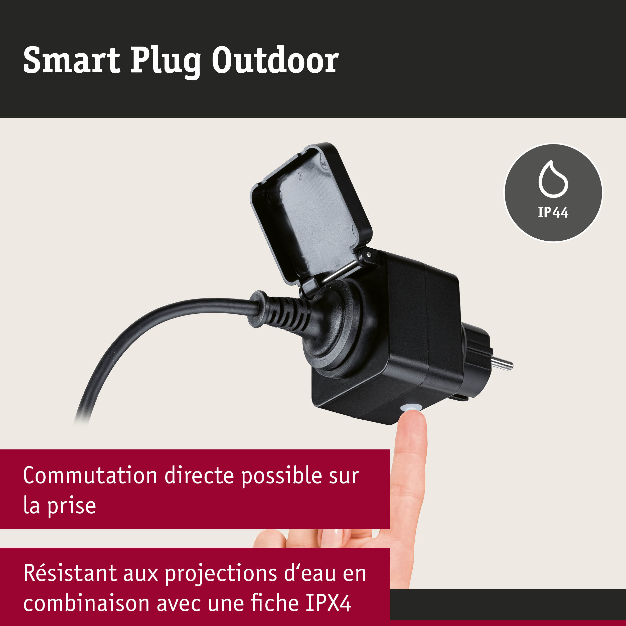 Prise intelligente extérieure noire avec protection IP44 et couvercle étanche pour éclairage jardin