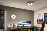 Plafonnier et applique LED ronde blanche avec bord noir, éclairage moderne pour bureau ou espace gaming.