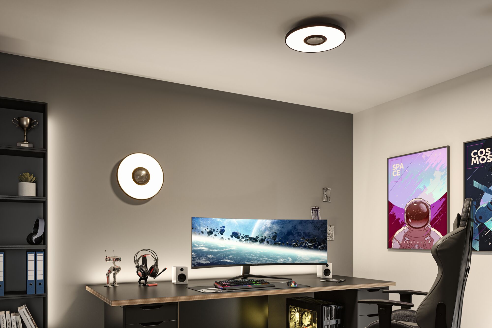 Round white LED ceiling and wall light with black trim, modern room lighting for office or gaming setup.