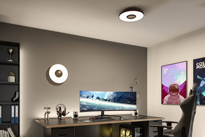 Plafonnier et applique LED ronde blanche avec bord noir, éclairage moderne pour bureau ou espace gaming.