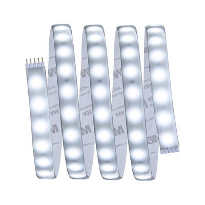 Flexible LED strip light with white LEDs and adhesive backing for versatile lighting solutions.