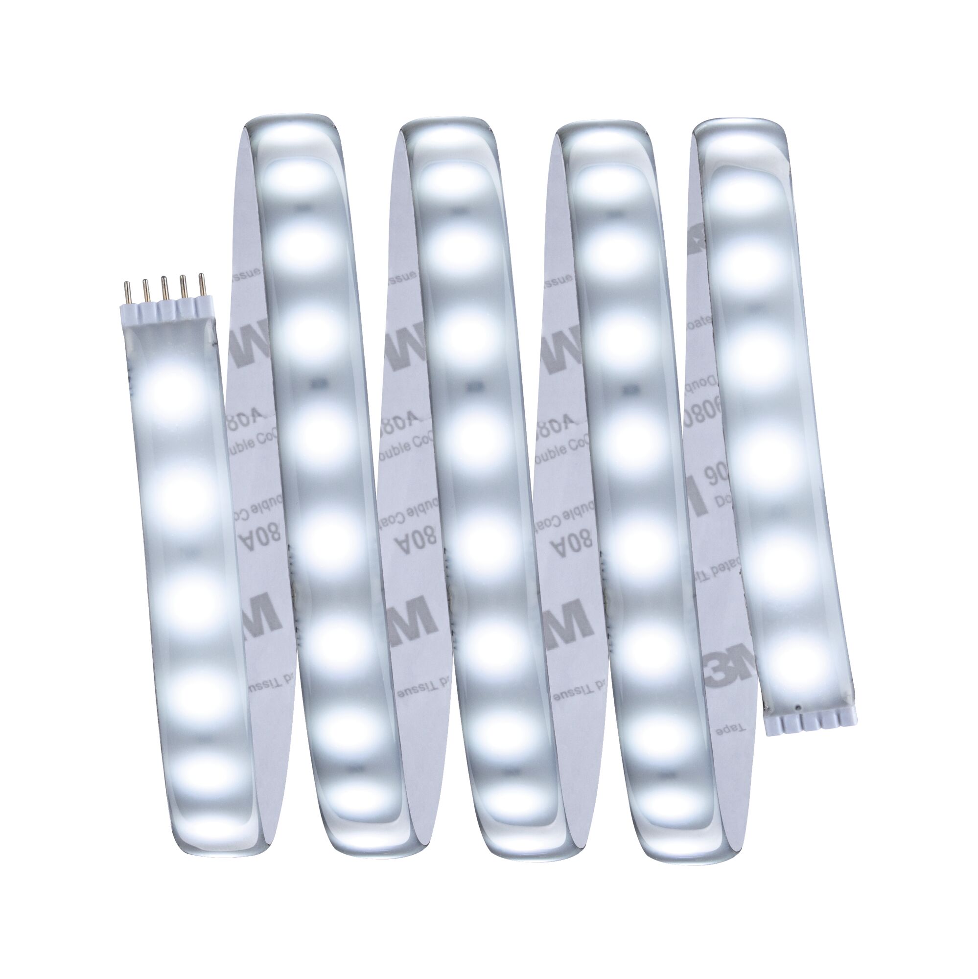 Fleksibel LED-lysskinne med hvide LED'er og selvklæbende bagside til alsidig belysning.