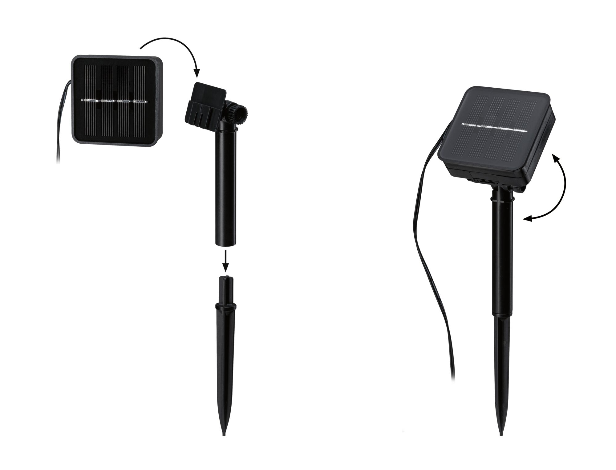 Black solar panel with ground spike and adjustable mount for garden lighting