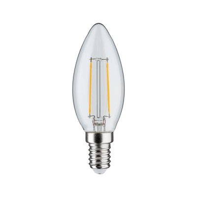 Clear LED candle bulb with E14 base and visible yellow filaments for decorative lighting use