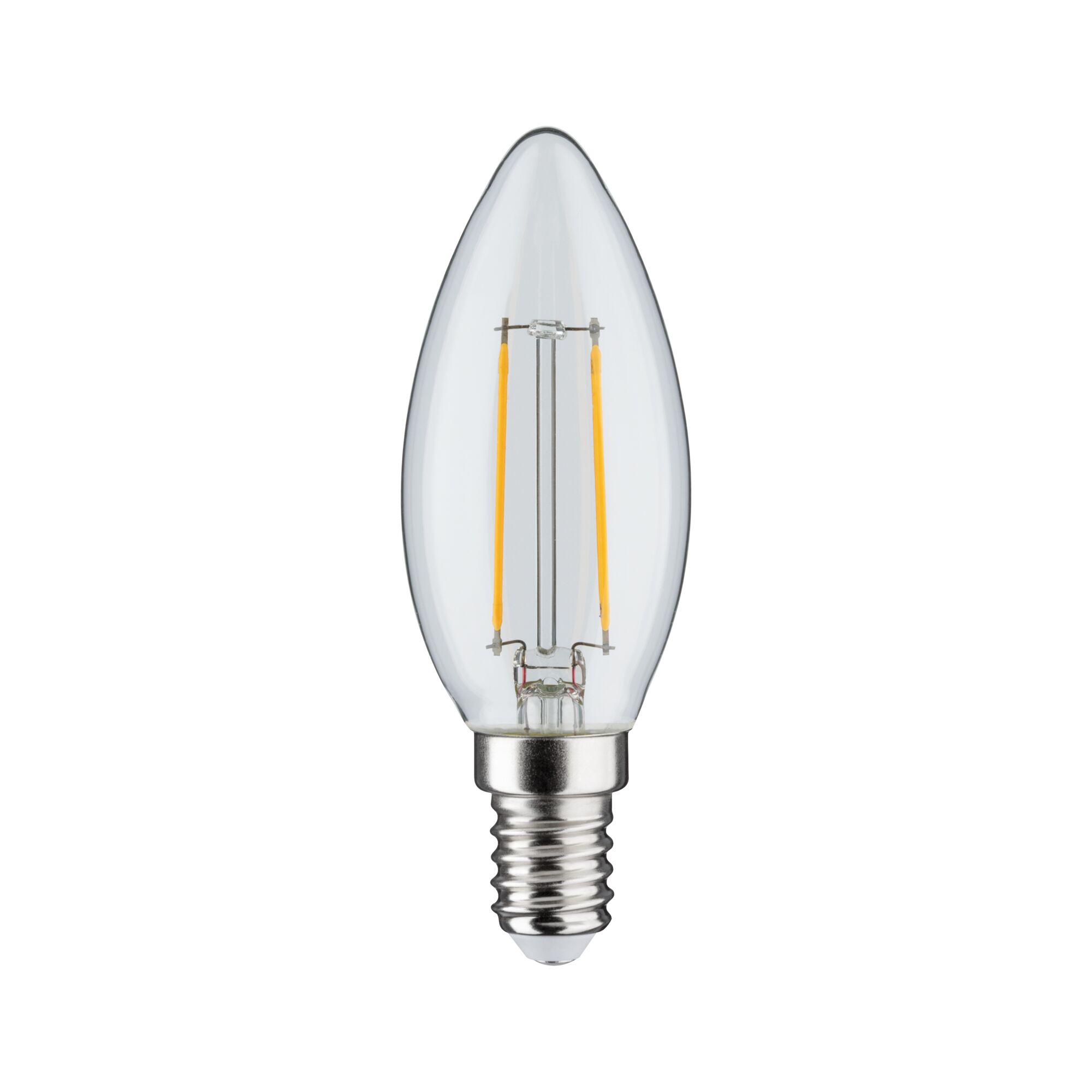 Klarer LED-Kerzenlampe mit E14-Fassung und sichtbaren gelben Filamenten für dekorative Beleuchtung