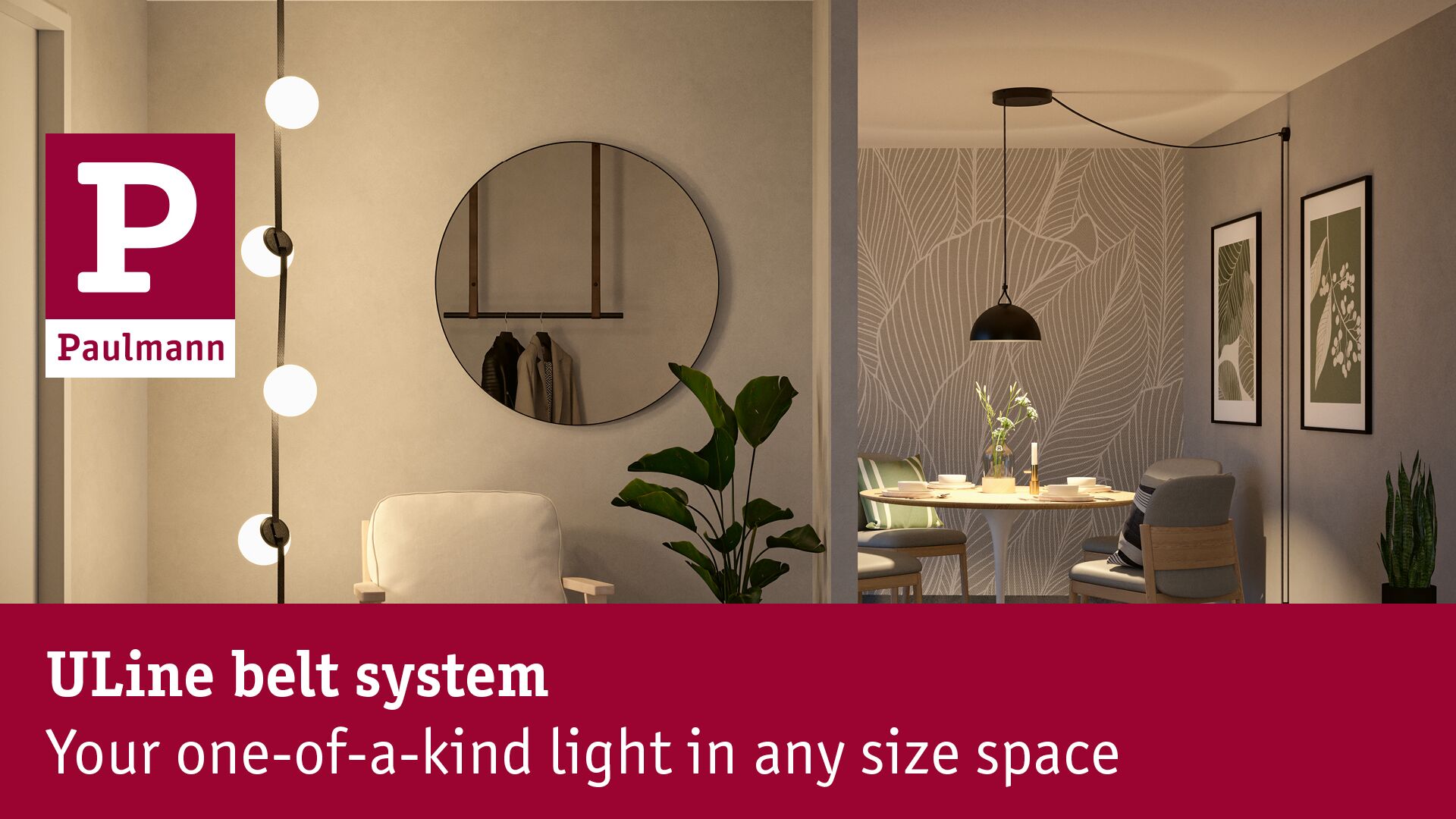 ULine belt system with warm white lighting in cozy dining room featuring plants and round mirror
