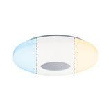 Round white LED ceiling light with color change from blue to warm white, modern plastic design.