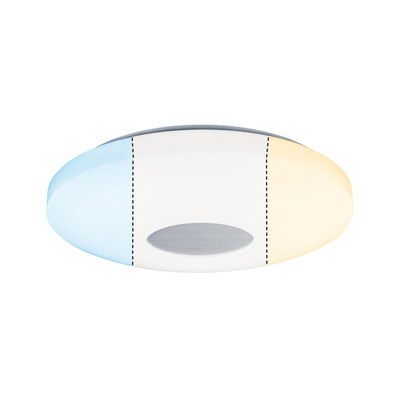 Round white LED ceiling light with color change from blue to warm white, modern plastic design.