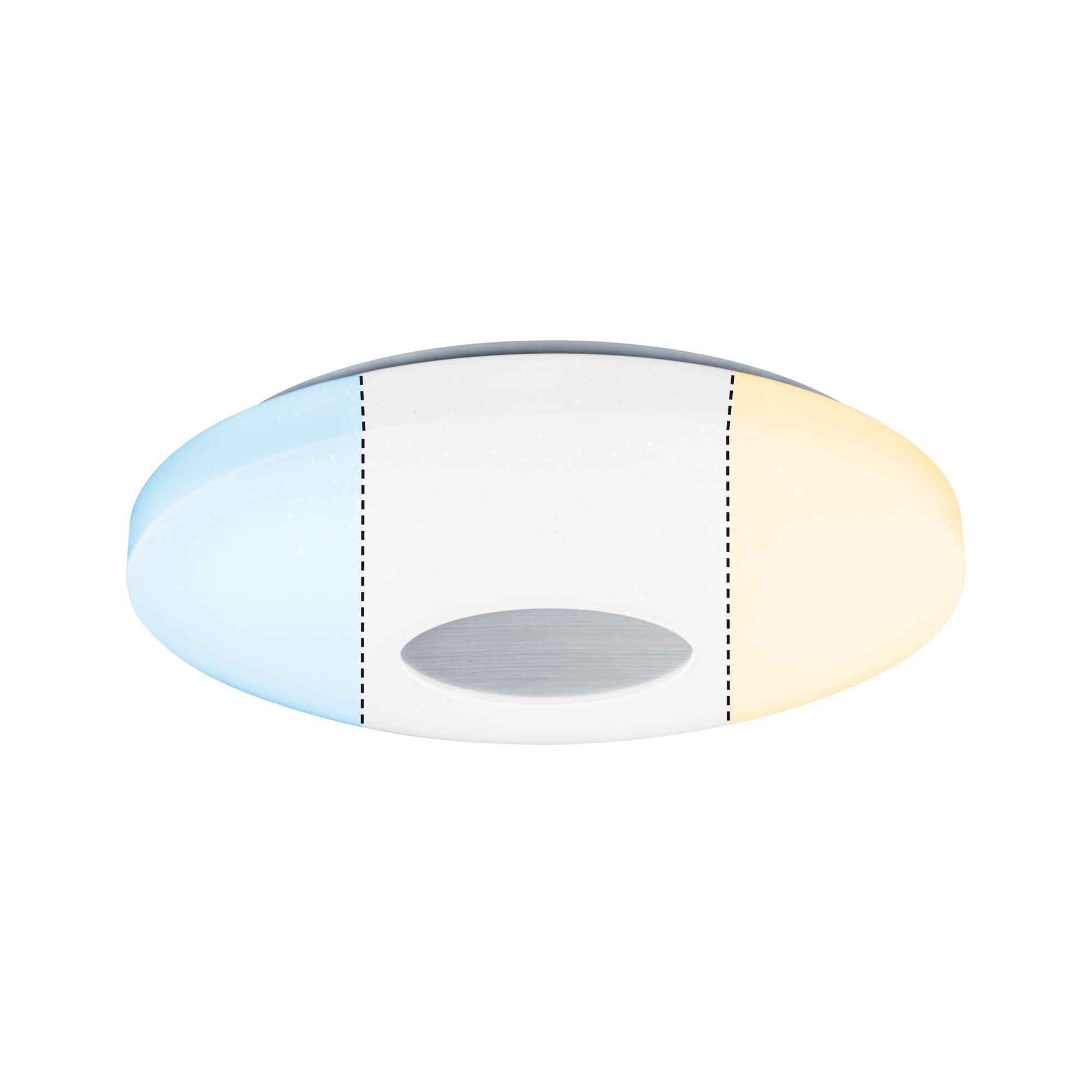 Rundes LED-Deckenlicht in Weiß mit Farbwechsel von Blau zu Warmweiß, modernes Design aus Kunststoff.