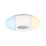 Rundes LED-Deckenlicht in Weiß mit Farbwechsel von Blau zu Warmweiß, modernes Design aus Kunststoff.