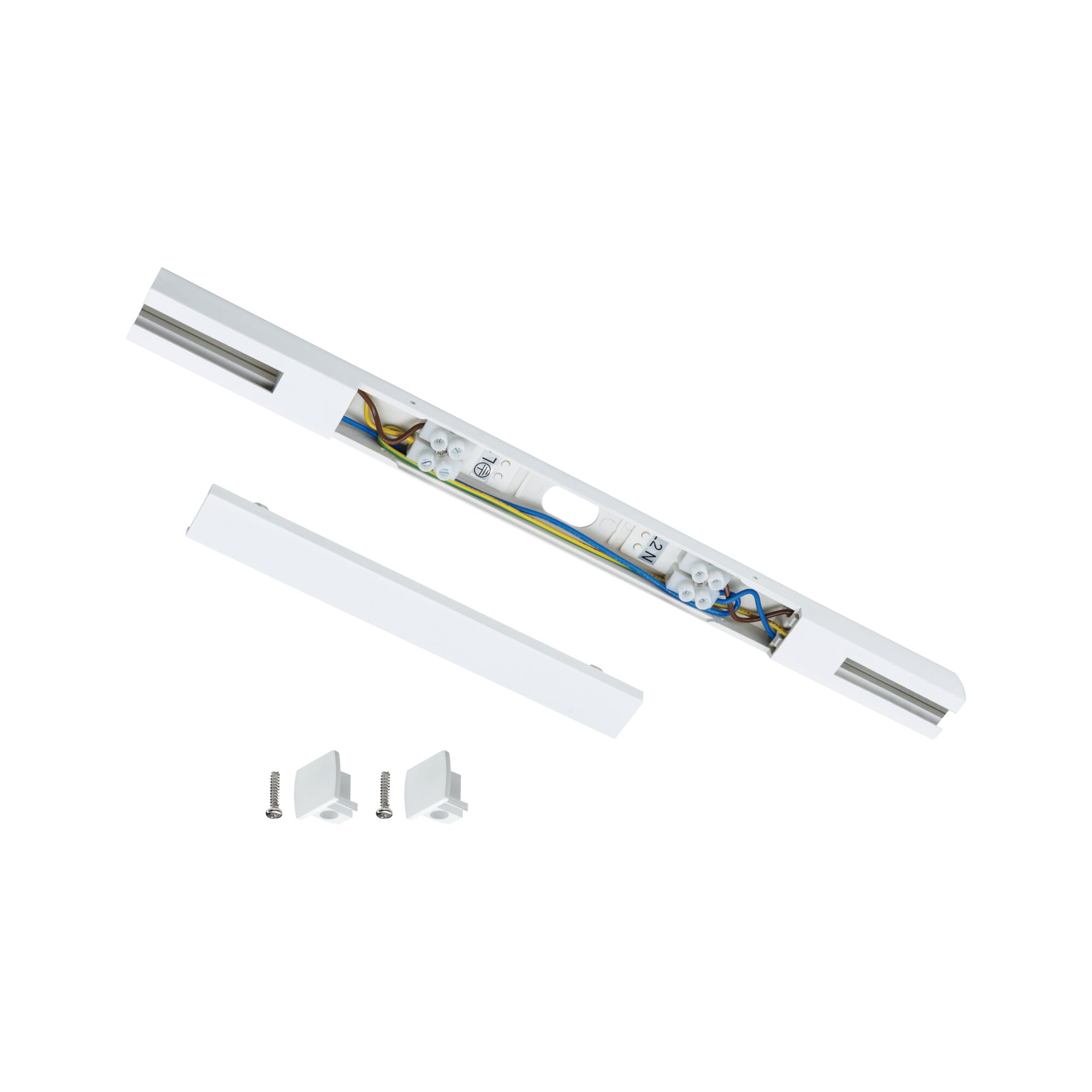 White aluminum connector with wires and screws for LED track lighting installation
