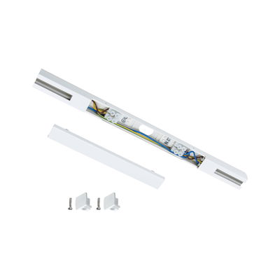 White aluminum connector with wires and screws for LED track lighting installation